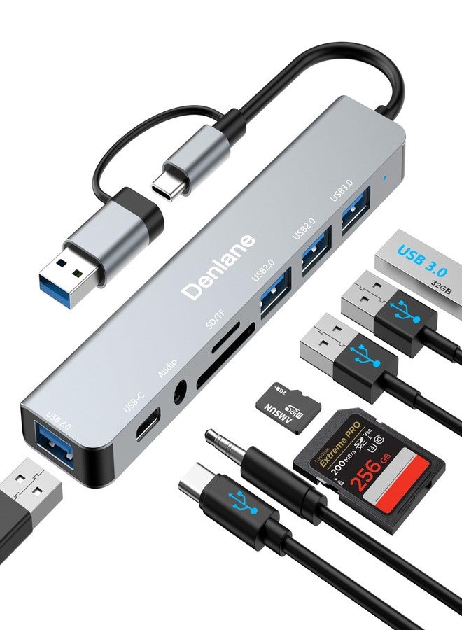 موزع USB-C من دينلين، موزع USB 3.0 لأجهزة الكمبيوتر المحمولة، مقسم USB مطور 8 في 2 مع موسع منفذ USB-C/4 منافذ USB-A، فتحة بطاقة TF/SD، محول صوت 3.5 ملم، دونجل USB-C لأجهزة الكمبيوتر الشخصية/ماك/ماك بوك/الكمبيوتر المحمول/آيباد/التابلت - Image 1