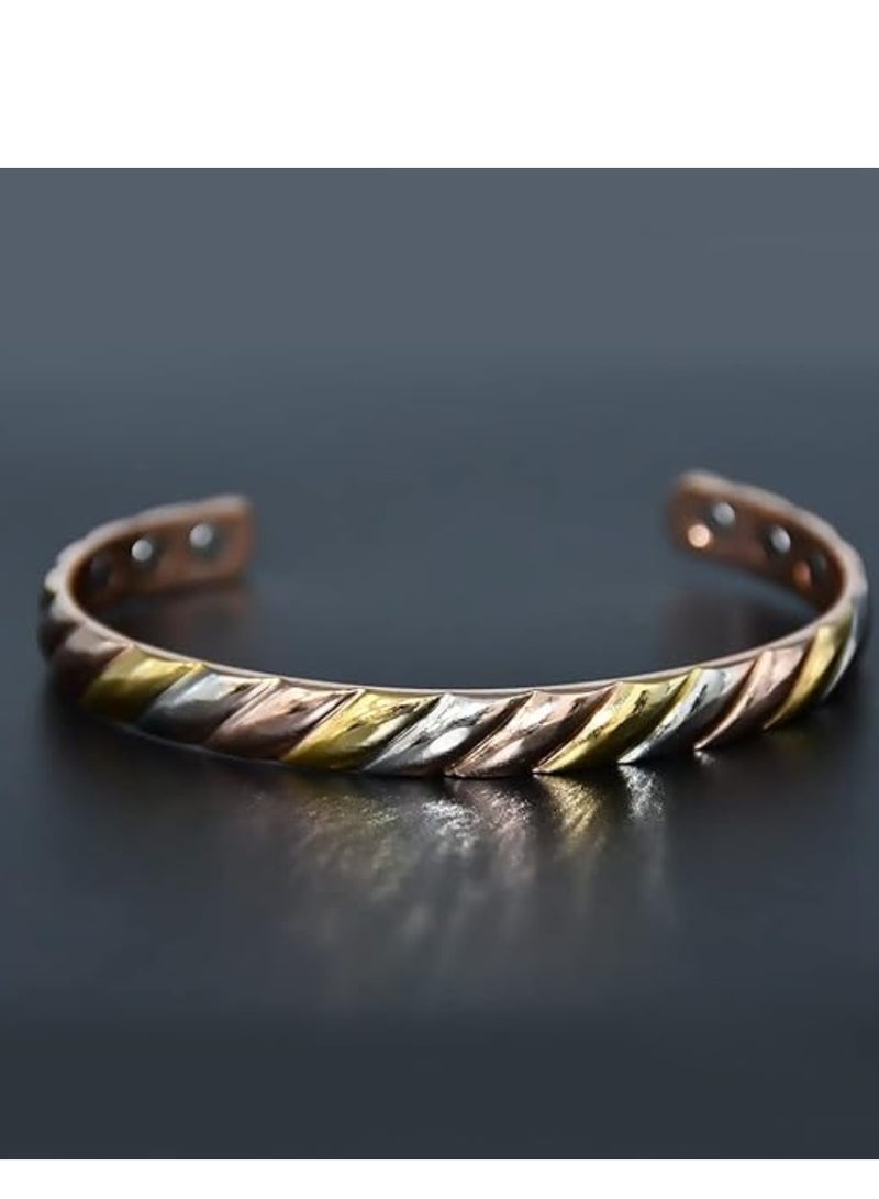6X Copper Magnetic Bracelet for Women 99% Solid Pure Copper Ultra Strength Magnet Adjustable Brazaletes Cuff Bangle (Tricolor Pattern)