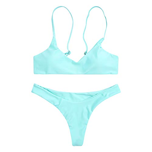 SherryDC Women's Solid Scoop Neck Push up Padded Brazilian Thong Bikini Swimsuit,Skyblue,(US 2-4)S - Image 5