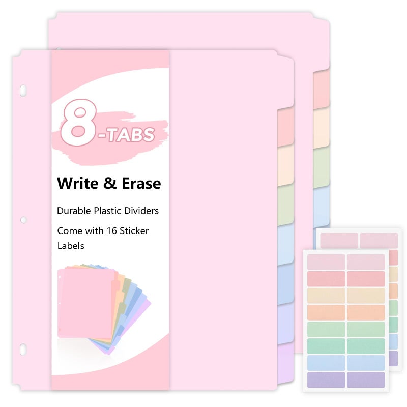 SKYDUE 8 Tab Durable Plastic Dividers,2Sets, Big Tab Dividers for 3 Ring Binder, Write&Erase 3 Ring Binder Dividers with Tabs, with Sticker Labels, Long-Lasting Plastic Pastels Binder Dividers - Image 1