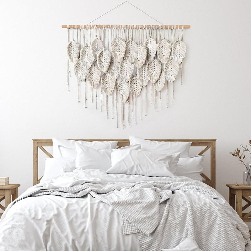 Xlot Large Macrame Wall Hanging, Boho Handmade Leaf Feather Bohemian Woven Tapestry, Chic Wall Art Home Decor for Bedroom Living Room Nursery Apartment Decorations (Beige) - Image 4