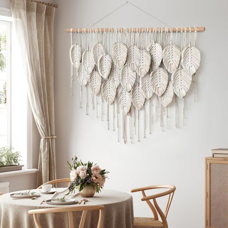 Xlot Large Macrame Wall Hanging, Boho Handmade Leaf Feather Bohemian Woven Tapestry, Chic Wall Art Home Decor for Bedroom Living Room Nursery Apartment Decorations (Beige) - Image 5