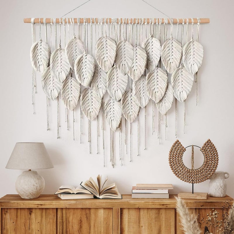 Xlot Large Macrame Wall Hanging, Boho Handmade Leaf Feather Bohemian Woven Tapestry, Chic Wall Art Home Decor for Bedroom Living Room Nursery Apartment Decorations (Beige) - Image 2