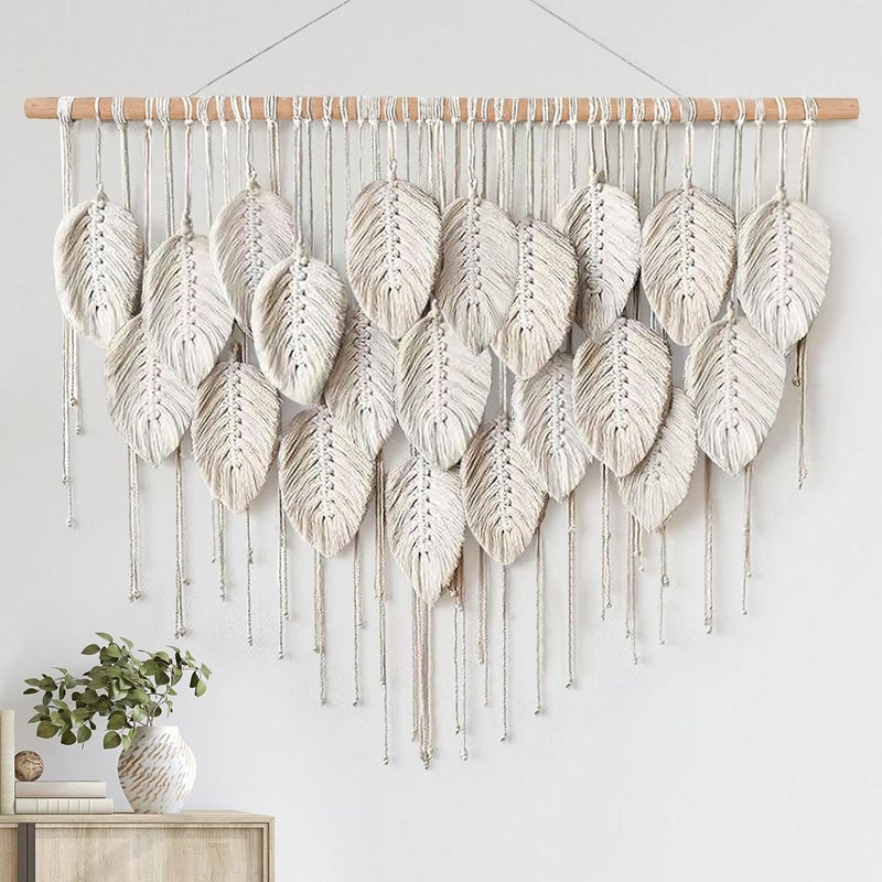 Xlot Large Macrame Wall Hanging, Boho Handmade Leaf Feather Bohemian Woven Tapestry, Chic Wall Art Home Decor for Bedroom Living Room Nursery Apartment Decorations (Beige) - Image 1
