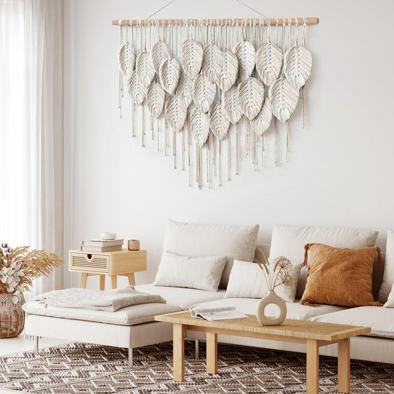 Xlot Large Macrame Wall Hanging, Boho Handmade Leaf Feather Bohemian Woven Tapestry, Chic Wall Art Home Decor for Bedroom Living Room Nursery Apartment Decorations (Beige) - Image 3