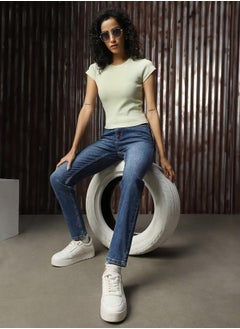 Women Jeans in Blue featuring Skinny fit fit with a washed pattern, regular length, secured with button closure, crafted from cotton – a wardrobe staple for modern fashion enthusiasts.