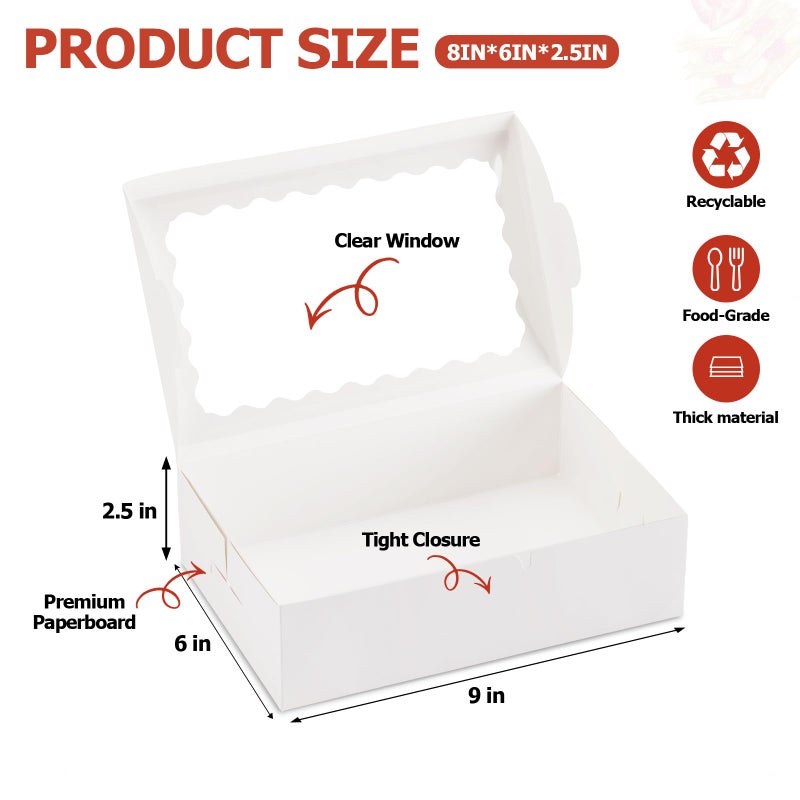 YODYZJ 20pcs Cookie Boxes with Window, 9x6x2.5 Inches White Bakery Boxes for Dessert, Treat, Pastry, Donut, Chocolate Covered Strawberry - Baked Goods Packaging for Holiday Gift Giving - Image 2