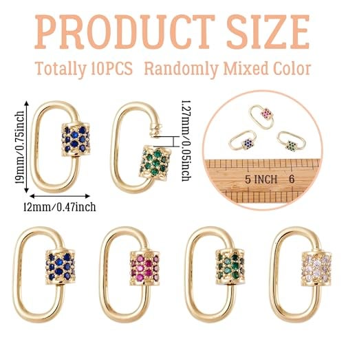 BB Beadthoven Beadthoven 10Pcs Oval Screw Carabiner Lock Charms 19x12x2mm Brass Cubic Zirconia Necklace Lock Clip Charms Small Metal Locking Carabiner Clasps for DIY Necklace Bracelet Keychain Jewelry Making - Image 3