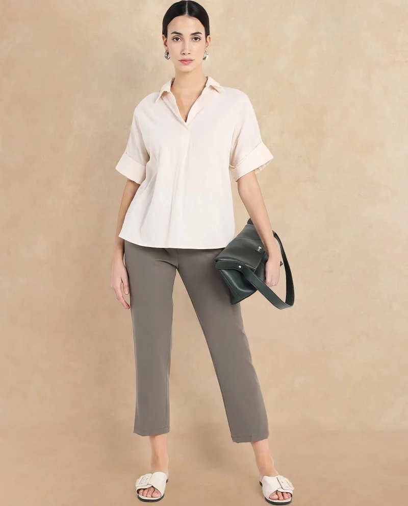 Rareism Rareism Women Falqu Dusky Grey Zipper Tapered Fit Plain Ankle Length Trouser