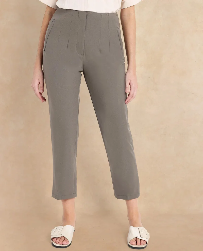Rareism Rareism Women Falqu Dusky Grey Zipper Tapered Fit Plain Ankle Length Trouser