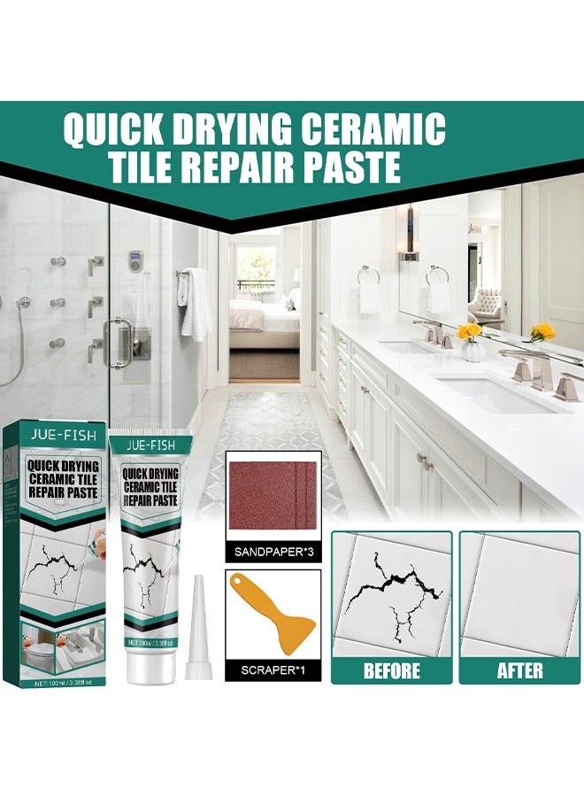 JUE-FISH Quick Drying Ceramic Tile Repair Paste, With 3 Sandpaper And 1 Scraper Bathtub Marble Furniture Toilet Crack Repair Tile Quick Drying Adhesive, Tile Repair Sealant, Floor Tile Repair Caulk, 100ML - Image 2