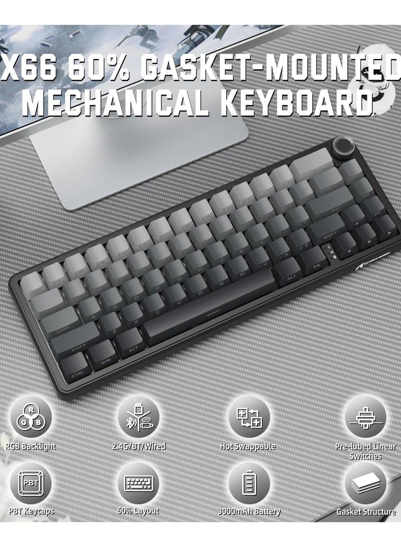 60% Wireless Mechanical Keyboard with Gasket-Mounted PBT Tri-Color Keycaps for Gaming Coding Typing and Creative Work on PC Mac – RGB Backlit Hot-Swappable 66-Key with Volume Dial BT 2.4GHz USB - Image 2