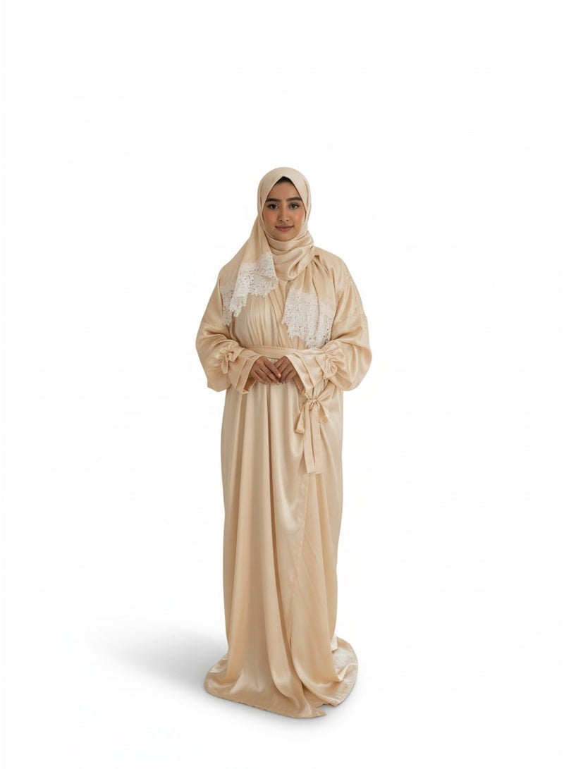 KESSAA Lamar Women’s Premium Prayer Isdal – Armani Silk Full-Coverage Salah Dress with Integrated Head Scarf | Non-Transparent Lightweight Fabric | Free Size Fits S–2XL | Modest Islamic Wear - Beige - Image 1