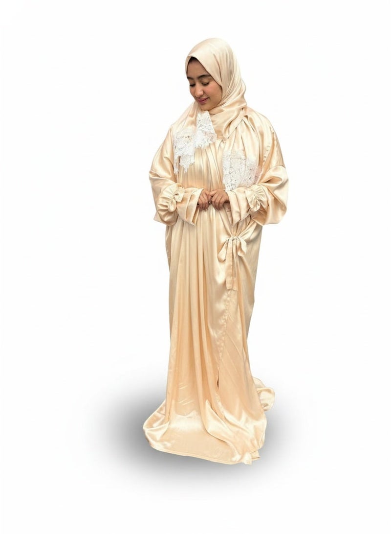 KESSAA Lamar Women’s Premium Prayer Isdal – Armani Silk Full-Coverage Salah Dress with Integrated Head Scarf | Non-Transparent Lightweight Fabric | Free Size Fits S–2XL | Modest Islamic Wear - Beige - Image 2