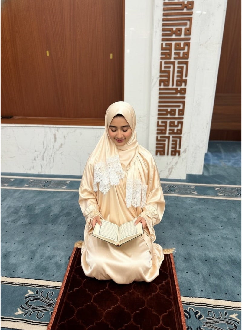 KESSAA Lamar Women’s Premium Prayer Isdal – Armani Silk Full-Coverage Salah Dress with Integrated Head Scarf | Non-Transparent Lightweight Fabric | Free Size Fits S–2XL | Modest Islamic Wear - Beige - Image 4