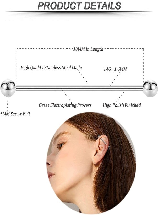 Incaton 14g Industrial Barbell Surgical Steel Cartilage Earrings CZ Industrial Earring Crystal Ferido Industrail Piercing 1 1/2"(38mm) Bar Length - Image 2