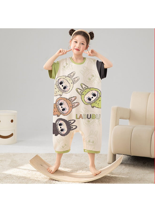 New Style Girls' Pajamas One-piece Home Clothes Pure Cotton Summer Short-sleeved Cartoon Cartoon Princess Baby Set For Middle-aged And Older Children