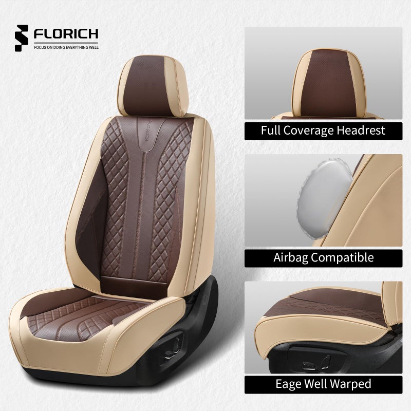 FLORICH Front Seat Covers 2 Pieces Universal Seat Cover for Cars Breathable Leather Waterproof Car Seat Cover Driver Seat Cover Automotive Car Seat Cushion Fit for Most Cars SUV Trucks, Beige&Coffee - Image 3