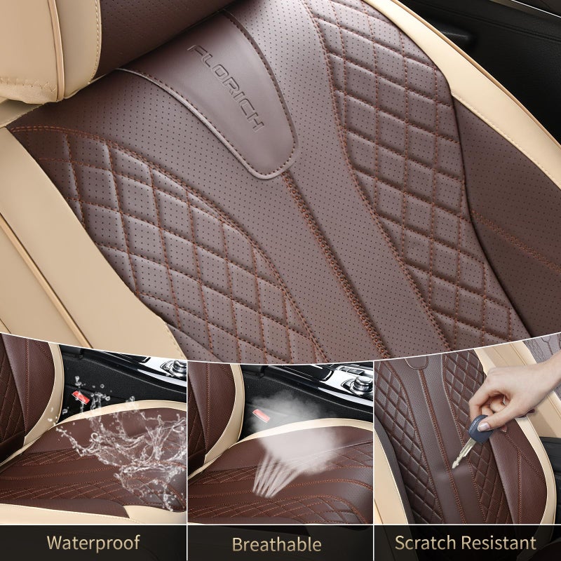 FLORICH Front Seat Covers 2 Pieces Universal Seat Cover for Cars Breathable Leather Waterproof Car Seat Cover Driver Seat Cover Automotive Car Seat Cushion Fit for Most Cars SUV Trucks, Beige&Coffee - Image 5