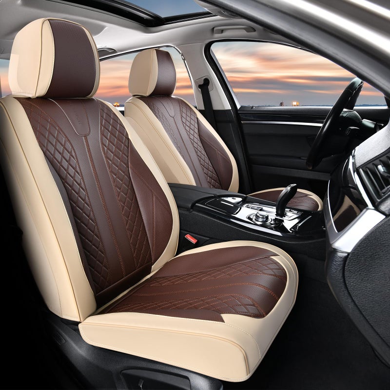 FLORICH Front Seat Covers 2 Pieces Universal Seat Cover for Cars Breathable Leather Waterproof Car Seat Cover Driver Seat Cover Automotive Car Seat Cushion Fit for Most Cars SUV Trucks, Beige&Coffee - Image 1