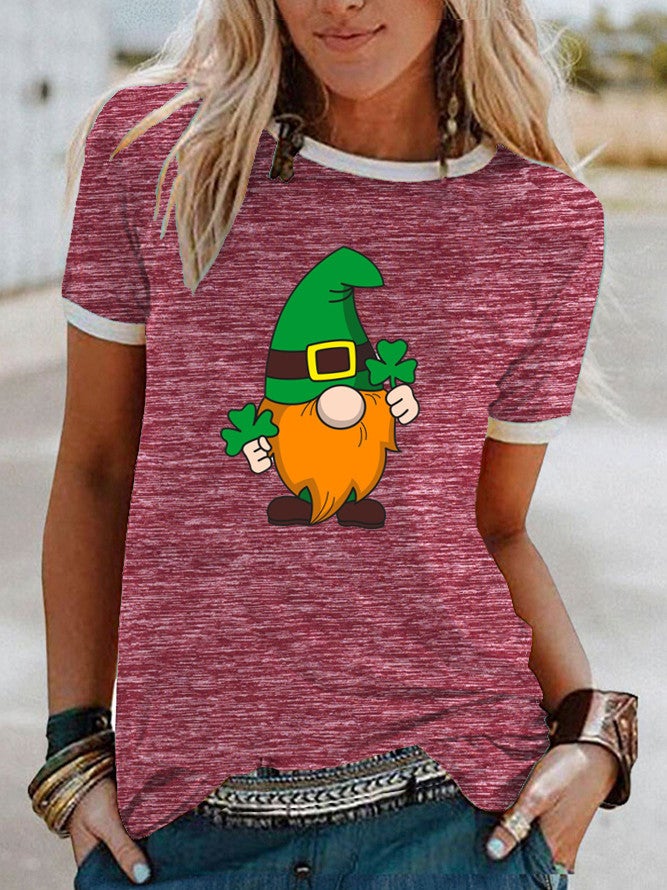Wish Leaf Dwarf Pattern Printed Edge Short Sleeve T-Shirt For Women - Image 1