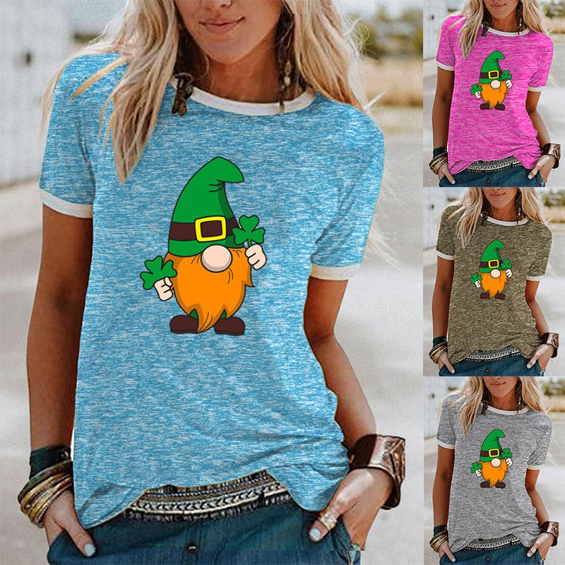 Wish Leaf Dwarf Pattern Printed Edge Short Sleeve T-Shirt For Women - Image 2