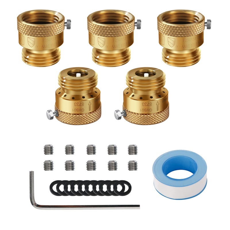 5 Pack SUNROAD LeadFree Brass 34 Inch MHT Hose Bibb Connector Backflow Preventer Vacuum BreakerCheck Valve For Garden Spigot RV Hose ConnectionAntiSiphon Fitting with extra set screws