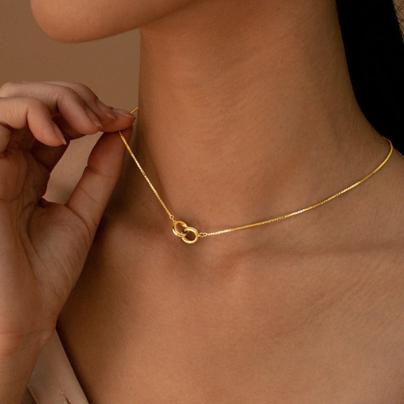 Poxtex Gold Interlocking Circle Pendant Necklace for Women, Dainty Small Infinity Choker 14K Plated Simple Cute Necklaces Non Tarnish Waterproof Jewelry Gifts - Image 5