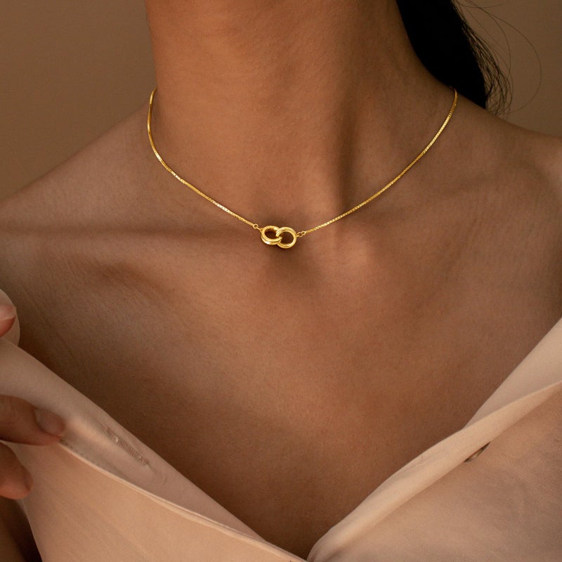 Poxtex Gold Interlocking Circle Pendant Necklace for Women, Dainty Small Infinity Choker 14K Plated Simple Cute Necklaces Non Tarnish Waterproof Jewelry Gifts - Image 4