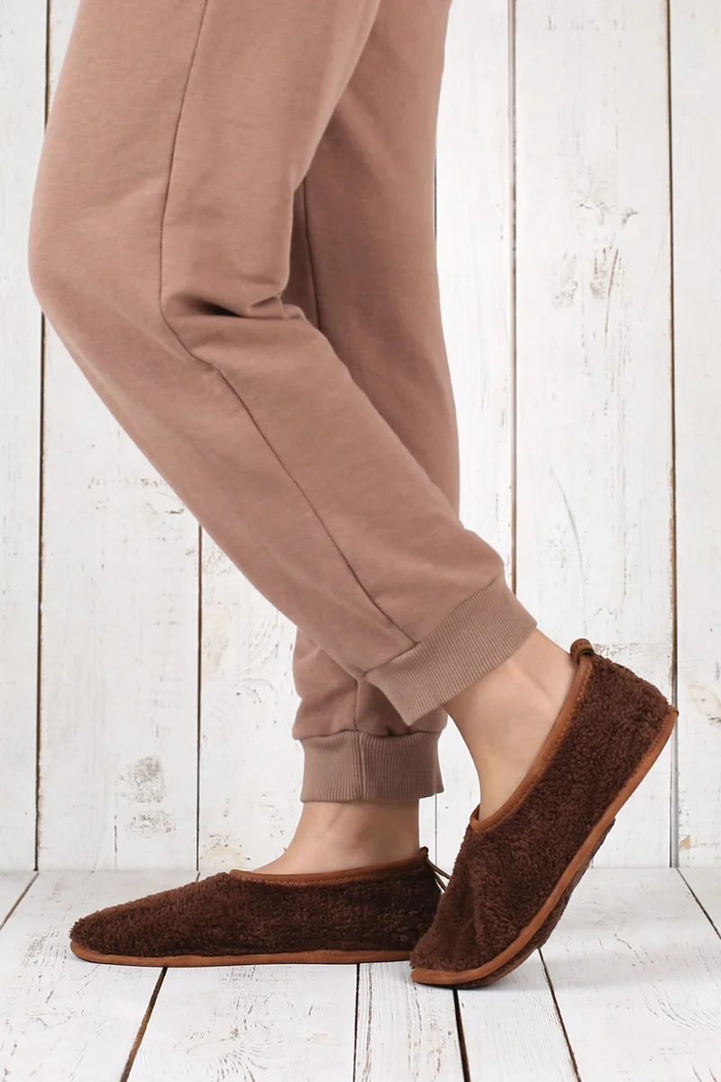 Hamur Dough Winter Non-Slip Leather Sole Home Booties Ptk-Kw Brown