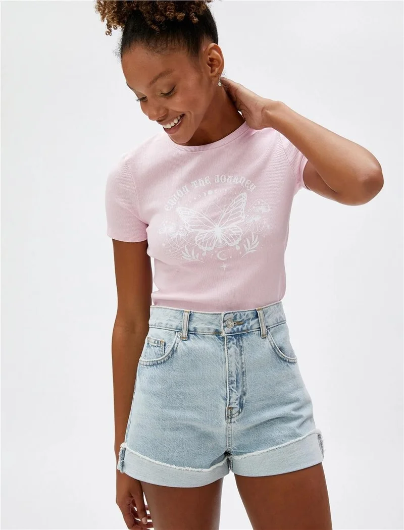 KOTON Pink Young Girls Jersey Short Sleeve Crew Neck T-Shirt