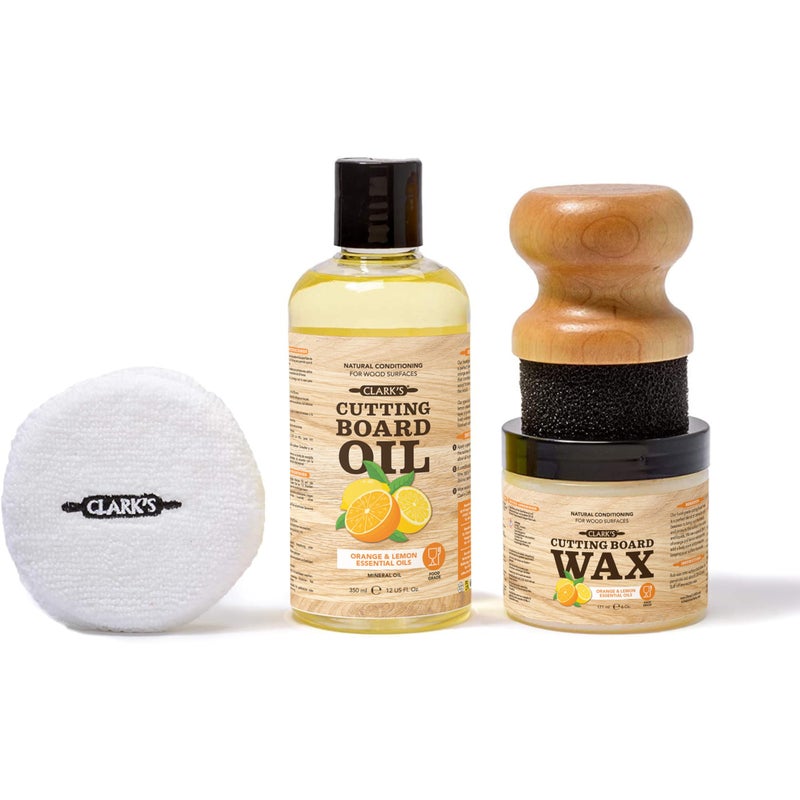 Clark's CLARKâ€™S Cutting Board Oil and Wax Kit â€“ Includes Food Grade Mineral Oil (12oz), Finishing Wax (6oz), Applicator, & Buffing Pad to Clean and Protect Wood, Enriched with Natural Lemon & Orange Extract - Image 1