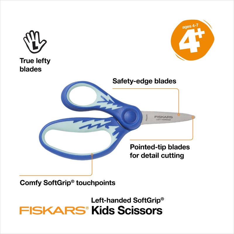 Fiskars 5" Softgrip Left-Handed Pointed-Tip Scissors for Kids Ages 4-7, Left-Handed Scissors for School or Crafting, Back to School Supplies, Blue Lightning - Image 2
