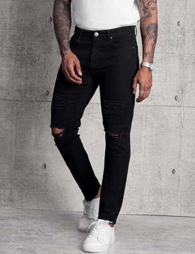 LONGBIDA Mens Skinny Slim Fit Ripped Straight Hip Hop Biker Stretchy Jeans(Black, 32) - Image 5