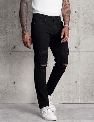 LONGBIDA Mens Skinny Slim Fit Ripped Straight Hip Hop Biker Stretchy Jeans(Black, 32) - Image 3