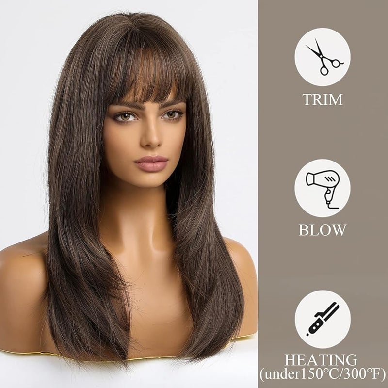 اي سي اي اف باروكة شعر بني مستقيم من ECIF مع غرة، باروكة شعر طويلة متعددة الطبقات للنساء، باروكة شعر بني طبيعي متوسط الطول للاستخدام اليومي - Image 4