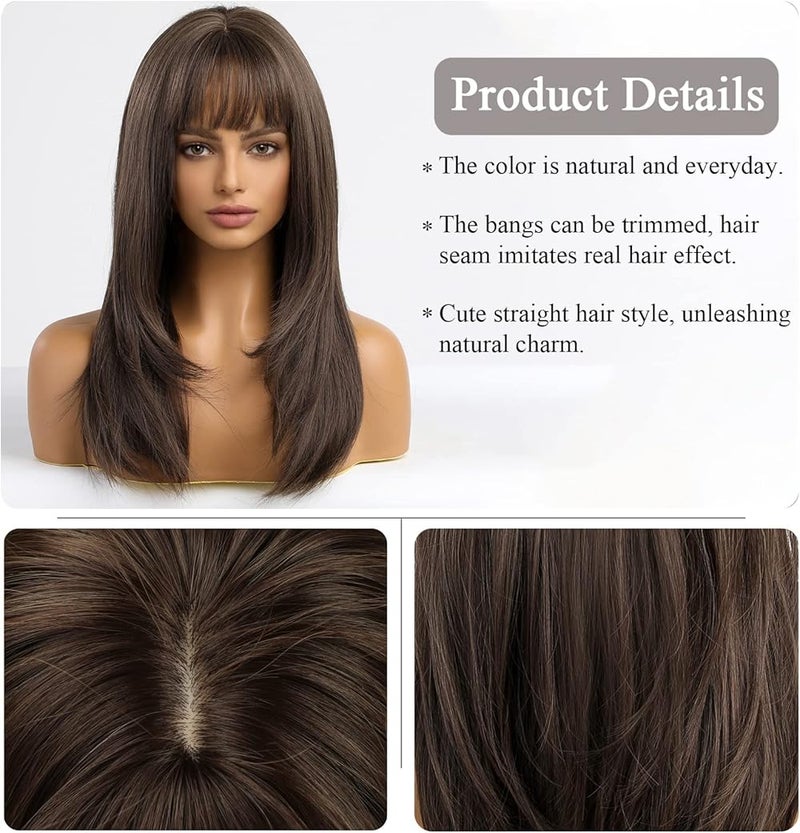 اي سي اي اف باروكة شعر بني مستقيم من ECIF مع غرة، باروكة شعر طويلة متعددة الطبقات للنساء، باروكة شعر بني طبيعي متوسط الطول للاستخدام اليومي - Image 2