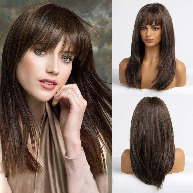 اي سي اي اف باروكة شعر بني مستقيم من ECIF مع غرة، باروكة شعر طويلة متعددة الطبقات للنساء، باروكة شعر بني طبيعي متوسط الطول للاستخدام اليومي - Image 1