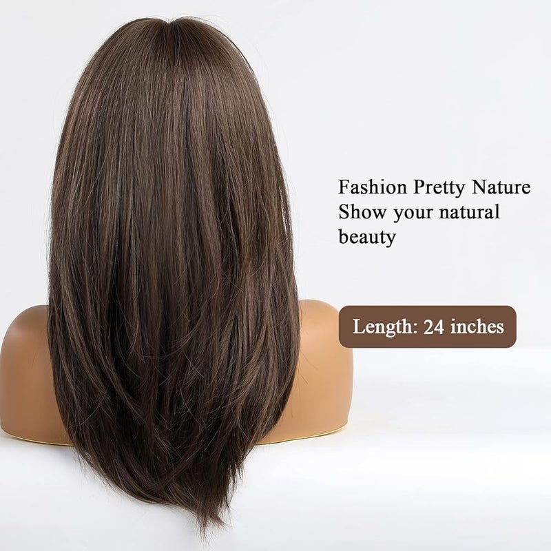 اي سي اي اف باروكة شعر بني مستقيم من ECIF مع غرة، باروكة شعر طويلة متعددة الطبقات للنساء، باروكة شعر بني طبيعي متوسط الطول للاستخدام اليومي - Image 3