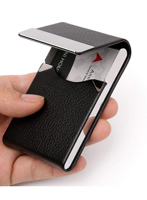 Business Card Holder, Full-PU Leather Card Box Case - Black, Holds Up to 25 Cards