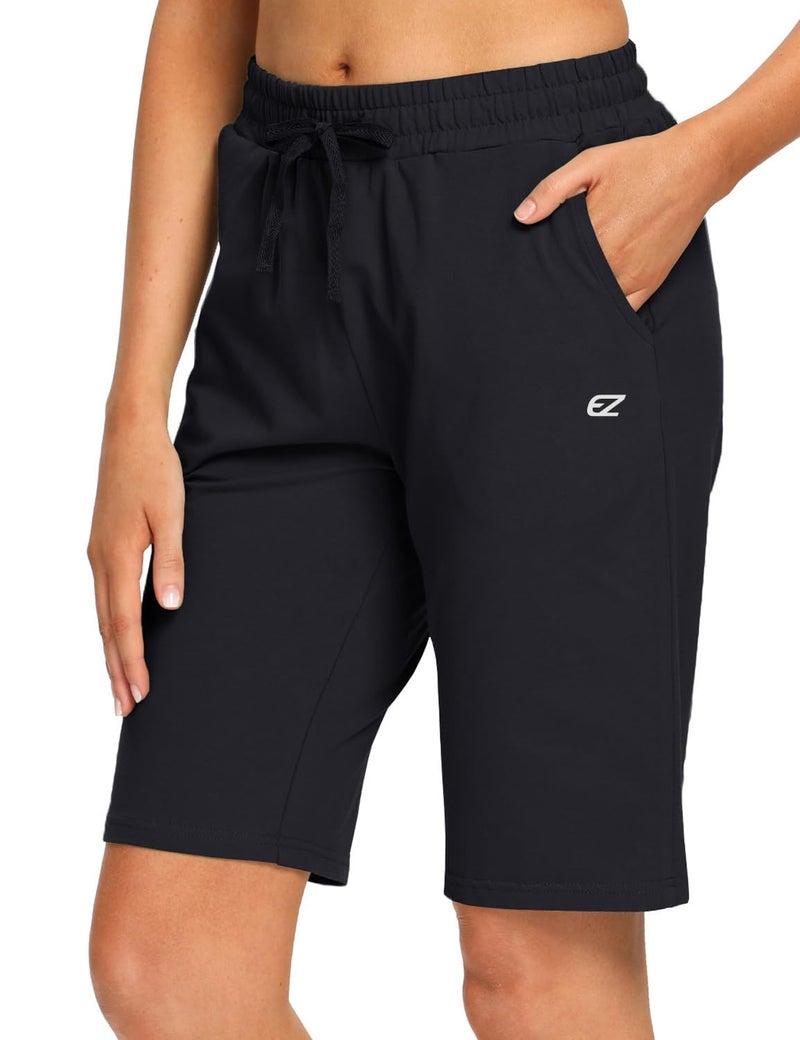 EZRUN Womens Bermuda Shorts Summer Sweat Shorts with Deep Pockets 10" Cotton Shorts for Women Gym Workout Black - Image 1