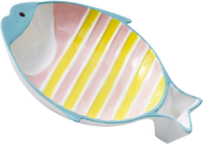 Ceramic Cat Bowl and Dog Water Bowl, Multi-Function Pet Feeding Dish with Fish Shape, Pink and Yellow Striped, Suitable for Indoor Kitten and Small Dog Use - Image 1