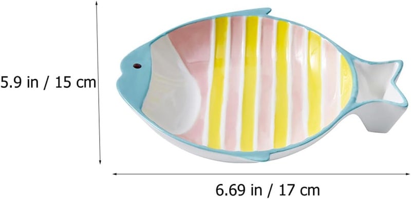 Ceramic Cat Bowl and Dog Water Bowl, Multi-Function Pet Feeding Dish with Fish Shape, Pink and Yellow Striped, Suitable for Indoor Kitten and Small Dog Use - Image 2