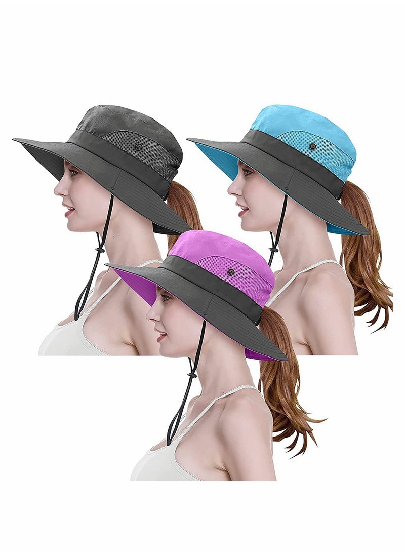 SYOSI Women's Outdoor Ponytail Wide Brim Sun Hat, Foldable, Wide Mesh, UV Protection Beach Hat, Suitable For Beach Fishing And Hiking (3 PCS)  - Image 1