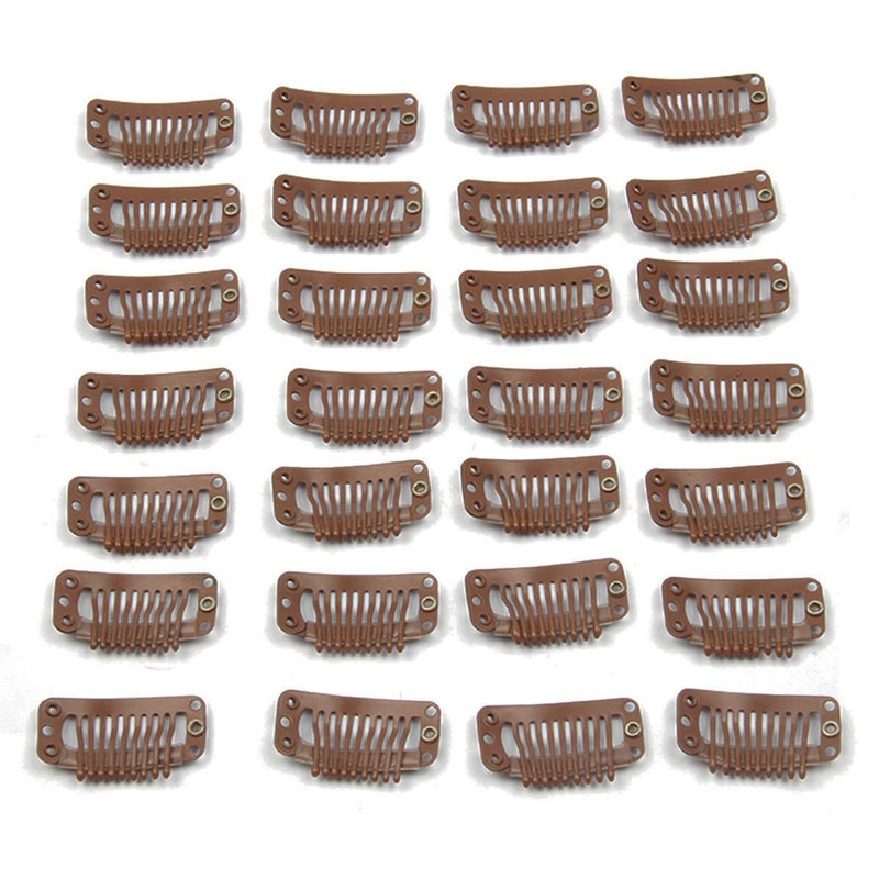 JFFX 20pcs Metal Snap Clips for Hair Extensions DIY Clip in on Hair Extension Wigs 9 Teeth 32mm 12gpc Black Brown Beige Color Light Brown