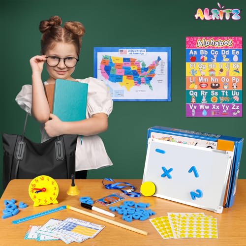 Alritz Pretend Play Teacher Set Classroom Learning Education Includes Reusable White Board Bell Clock and More, Be Teacher Student, for Boys Girls 5 6 7 8 9 10 11 12 +Years Old - Image 3