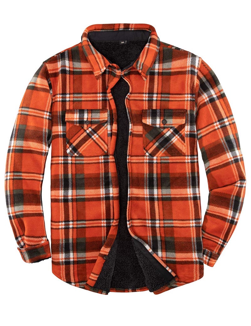 ZENTHACE Mens Sherpa Fleece Lined Flannel Shirt Jacket for Men Warm Brushed Plaid ShirtJacAll Sherpa Fleece Lined Orange L