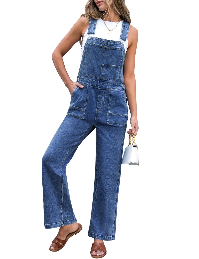 luvamia Denim Jumpsuits for Women Loose Fit Straight Wide Leg Baggy Stretchy Denim Bib Adjustable Strap Casual Womens Dungarees Overalls Medium Blue Size Medium US Size 8-10 - Image 1