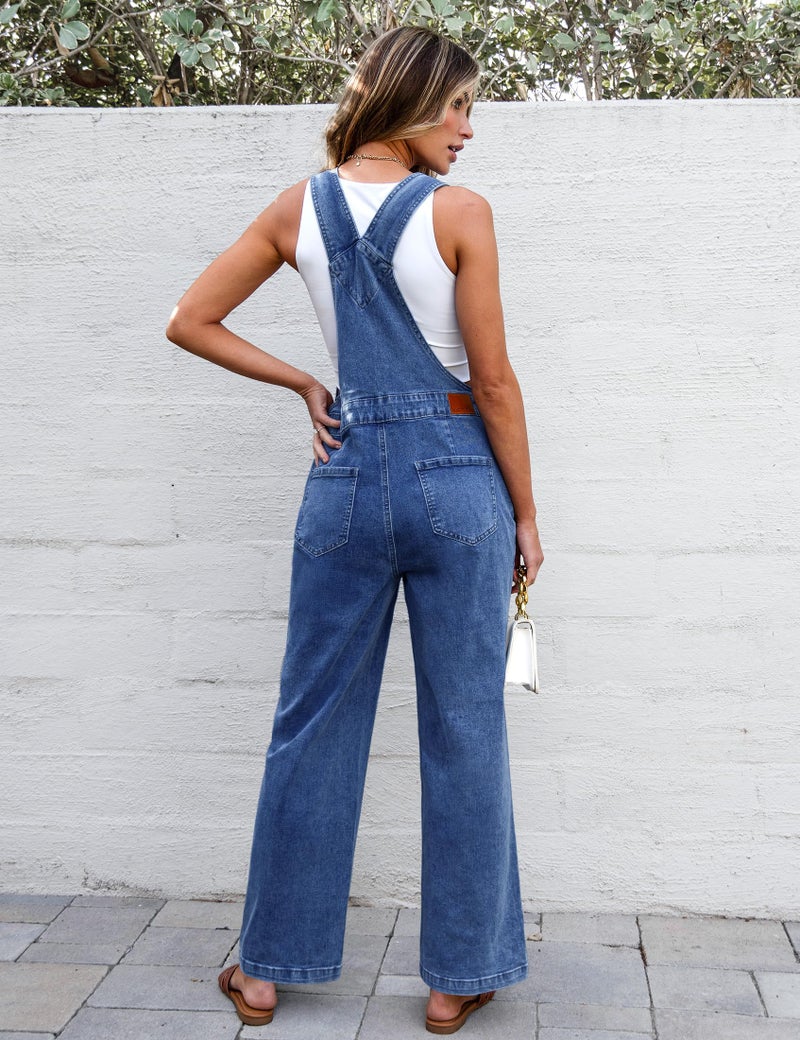 luvamia Denim Jumpsuits for Women Loose Fit Straight Wide Leg Baggy Stretchy Denim Bib Adjustable Strap Casual Womens Dungarees Overalls Medium Blue Size Medium US Size 8-10 - Image 3