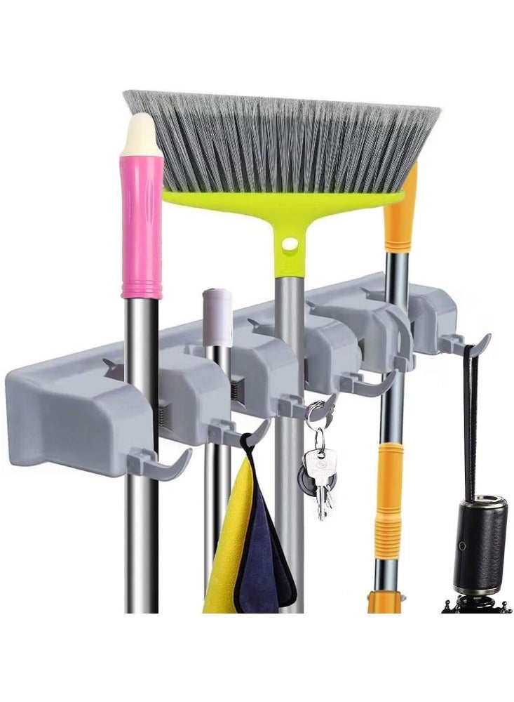 Mop and Broom Holder Heavy Duty Wall Mount Or Tool Organizer For Home, Kitchen Storage (5 Positions With 6 Hooks) - Image 1